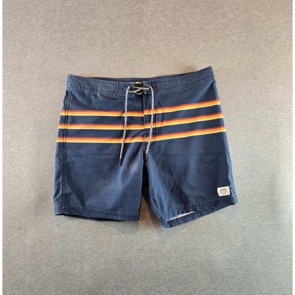 Katin Wallace Boardshorts Mens 34 Navy Blue Retro Stripe Swim Trunks Stretch